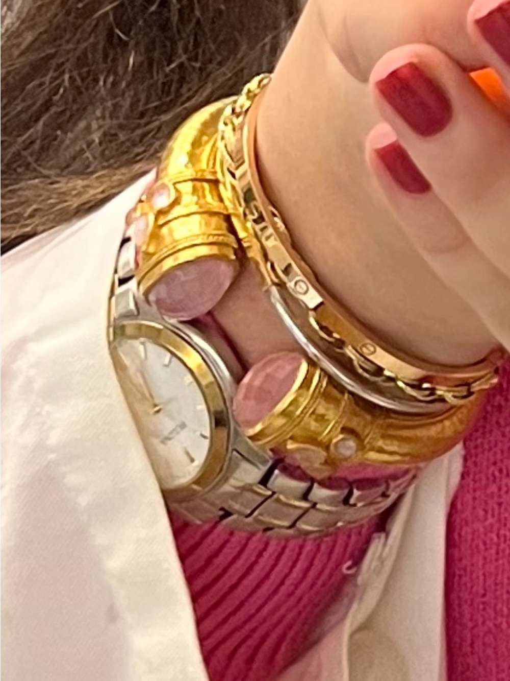 Julie Vos Gold-Tone (24 kt plated) Cuff Bracelet with Pink Cabochons